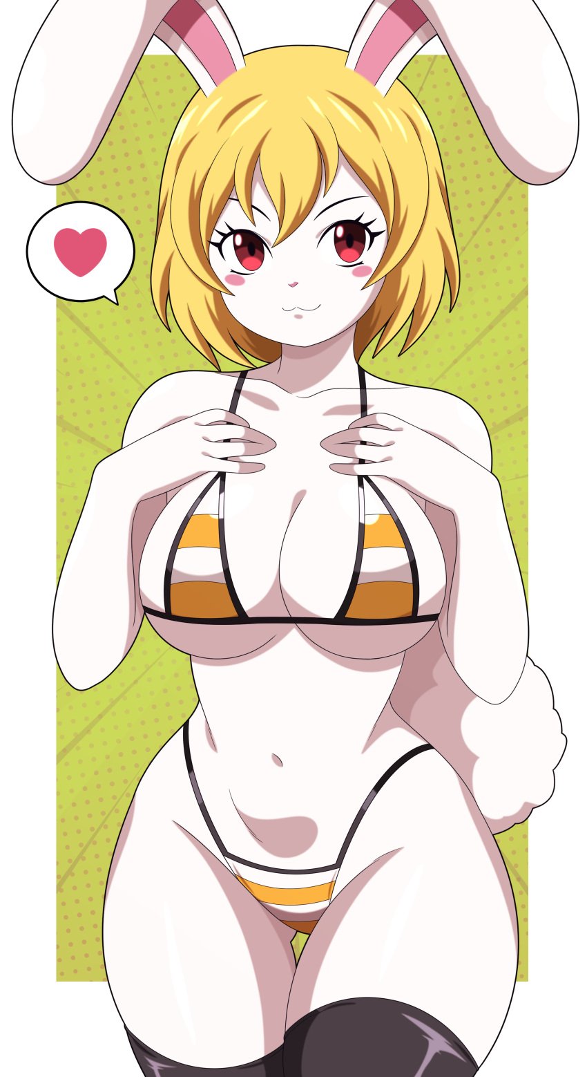 1girls abysswatchers anthro bikini blonde_hair blush bunny_ears bunny_girl bunny_tail carrot_(one_piece) female female_only hands_on_own_chest heart looking_at_viewer minkmen_(one_piece) one_piece rabbit rabbit_ears rabbit_girl rabbit_humanoid red_eyes simple_background smiling smiling_at_viewer solo standing striped_bikini striped_clothing thighhighs white_body white_fur