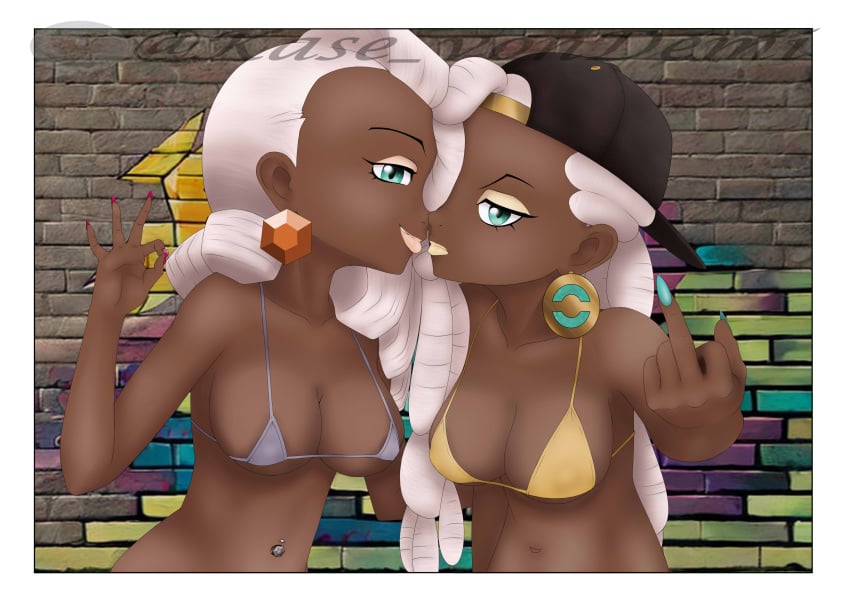 2girls aged_down bikini blowjob_gesture breasts dark-skinned_female demivonkase duo earrings female female_only flipping_off gilf green_eyes grey_hair hi_res looking_at_viewer makeup middle_finger multiple_girls pokemon ryme_(pokemon) sisters sling_bikini tyme_(pokemon)