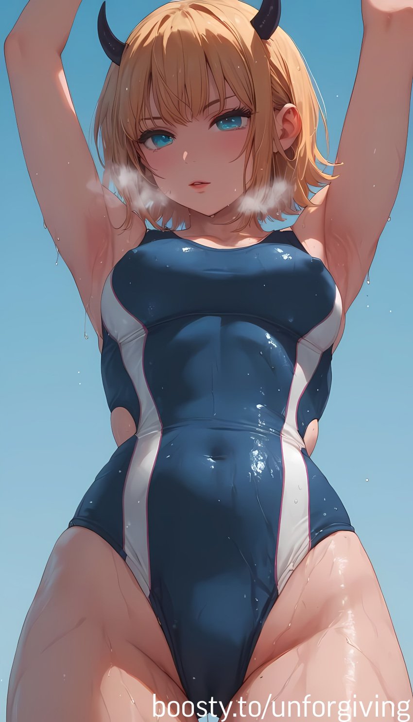 ai_generated armpits blue_swimsuit breasts covered_nipples memcho nipples one_piece_swimsuit oshi_no_ko sweat sweating swimsuit waterdrops wet