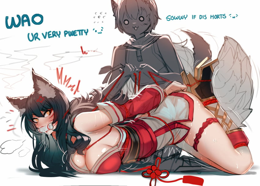 1boy ahri angry_face animal_ears bondage ehrrr female femsub fox_ears fox_girl gag gagged gagged_drooling high_heel_boots league_of_legends restrained tied_up