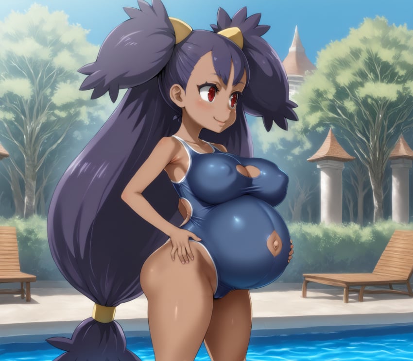 1girls aged_up ai_generated alternate_breast_size dark-skinned_female dark_skin happy iris_(pokemon) navel_cutout nyymiai one-piece_swimsuit pokemon pregnant pregnant_female red_eyes