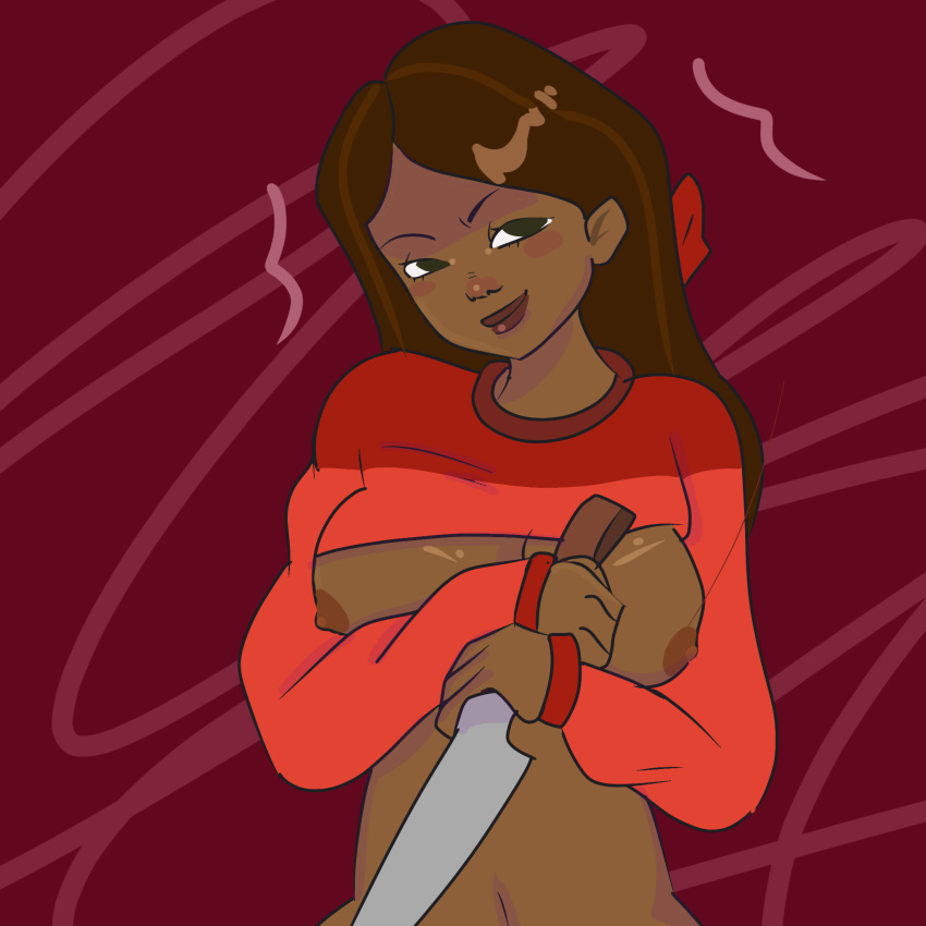 big_breasts breasts_out brown_hair dark_skin disventure_camp evil_counterpart gabby_(disventure_camp) knife odd_nation_cartoons psycho red_sweater rolled_up_shirt solo sweater tagme