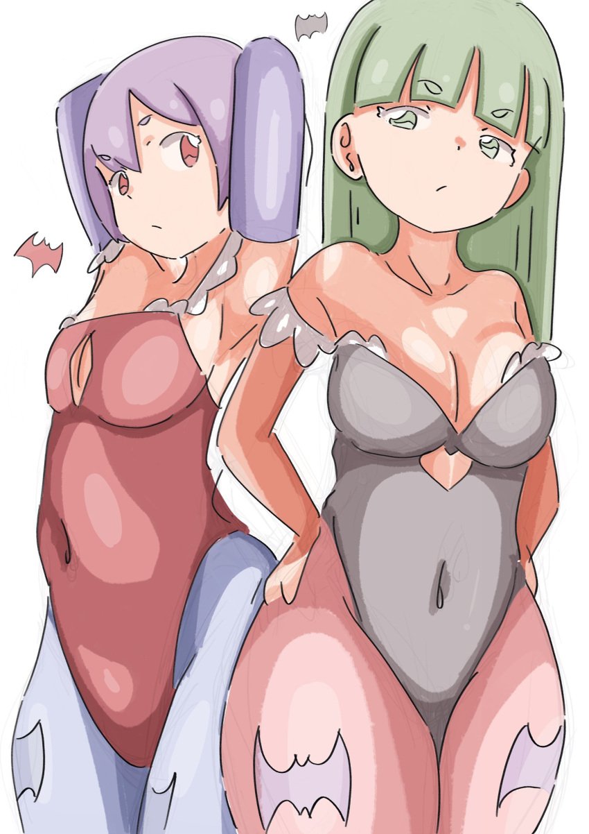 2girls armpits arms_behind_head big_breasts breasts busty capcom cleavage covered_navel curvy darkstalkers green_eyes green_hair hands_on_hips highres large_breasts legs leotard lilith_aensland long_hair looking_at_viewer morrigan_aensland multiple_girls pink_hair pose posing purple_hair sensual sexy_armpits short_hair succubi succubus thighs vatsha