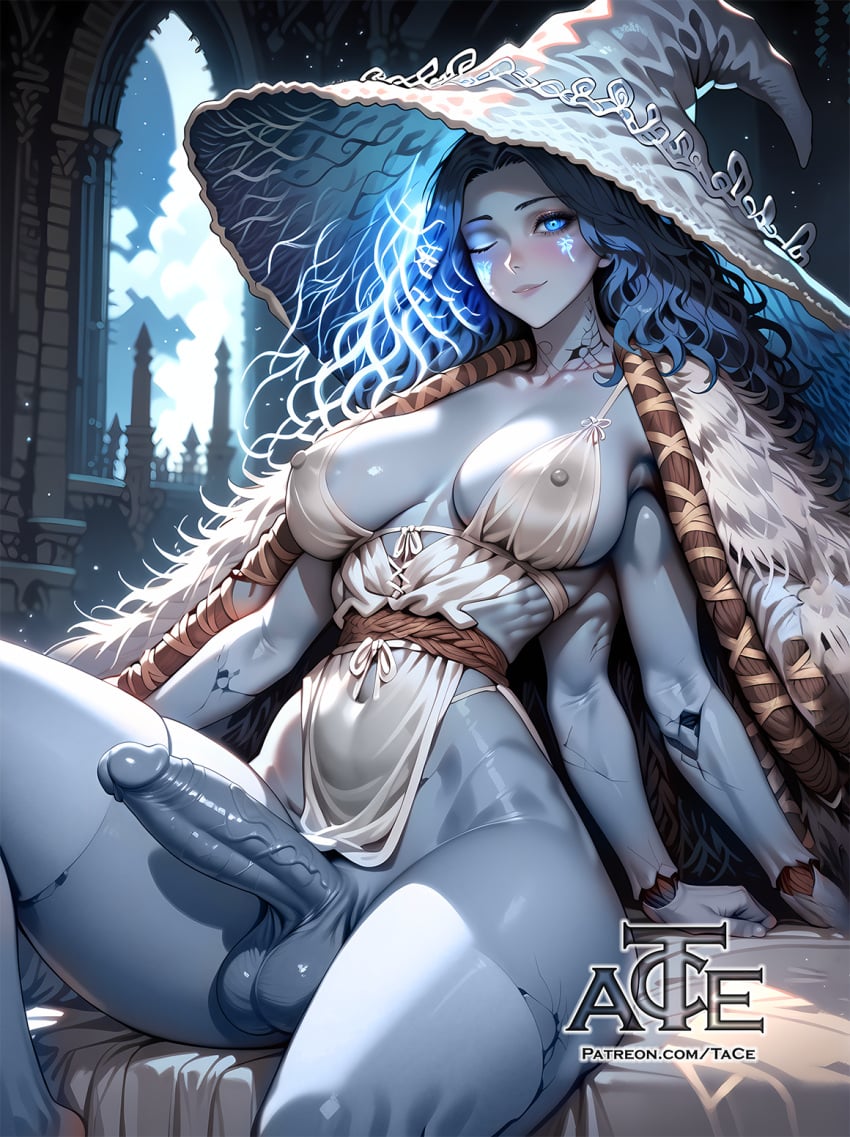 1futa abs ai_generated balls big_balls big_breasts breasts curvy dickgirl elden_ring futa_only futanari looking_at_viewer nsfw penis perfect_body ranni_the_witch ready_to_fuck small_waist smile solo taceee testicles