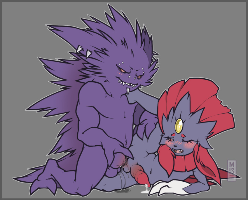 2013 anal anal_sex anthro balls blush drooling erection furry furry_only gay gengar male misericorde muscles nintendo nude one_eye_closed open_mouth penetration penis piercing plain_background pokemon precum red_eyes saliva sex smile video_games weavile