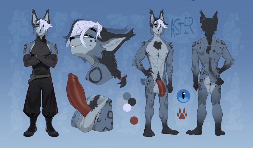 abs anthro aster_durandal balls black_hair boots braided_hair chest_tuft clothing felid feline genitals gloves hair handwear hi_res lynx male mammal model_sheet nude penis solo tuft wetsealky white_hair