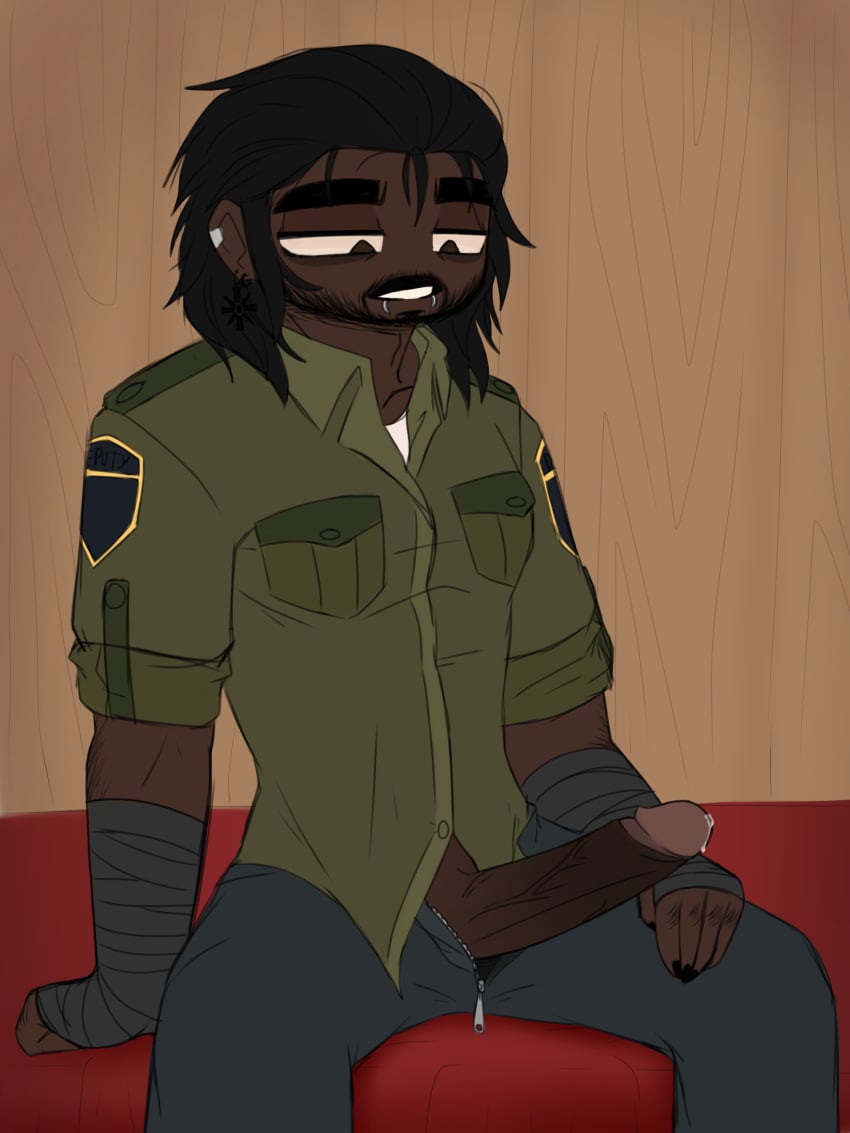 adam_(npetryck) adam_seed_(npetryck) black_hair cock_out dark-skinned_male looking_down precum self_upload sitting_on_bed solo_male toony toony_face uniform