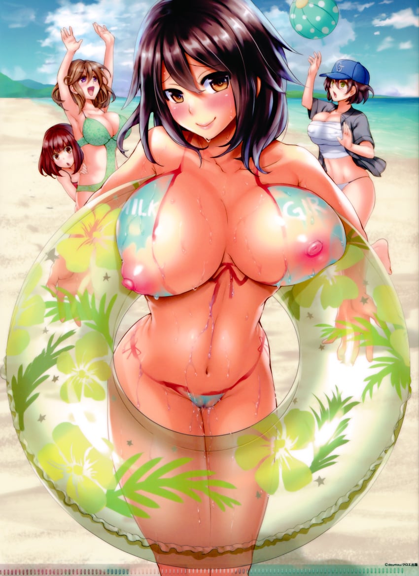 :) armpits beach bikini blush bodypaint censored doumou huge_breasts looking_at_viewer multiple_girls navel nipples nude painted_clothes pussy sarashi smile swimsuit tagme wet