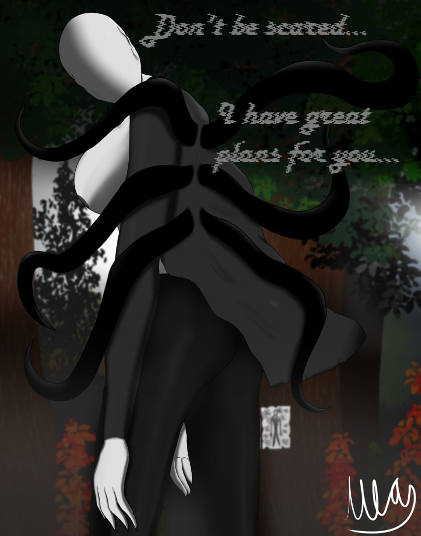 2d 2d_(artwork) anon big_ass big_breasts black_shirt creepypasta detailed_background dialogue english_text female_only forest highres looking_at_viewer monster monster_girl nightmare_waifu nipples rule_63 slenderman slenderwoman suit tall_female tentacle unknownlemon white_body white_skin