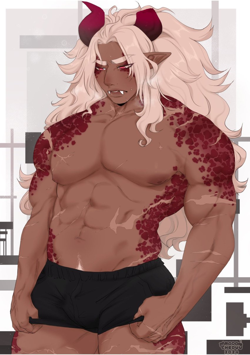 1boy broken_horn dark-skinned_male dark_skin fangs hi_res horns humanoid long_hair male male_only muscular muscular_male nadacheruulewd narrowed_eyes pointy_ears red_eyes red_scales scales scars scars_all_over solo underwear underwear_only white_hair