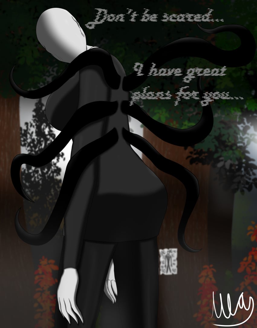 2d 2d_(artwork) anon big_ass big_breasts black_shirt creepypasta detailed_background dialogue english_text female_only forest highres looking_at_viewer monster monster_girl nightmare_waifu rule_63 slenderman suit tall_female tentacle unknownlemon white_body white_skin