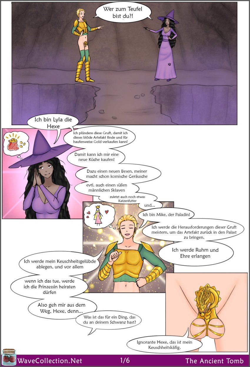 big_breasts black_body black_eyes black_hair_female blonde_hair blonde_male blue_eyes chastity chastity_cage chastity_device comic comic_page dungeon paladin wavecollection witch witch_hat