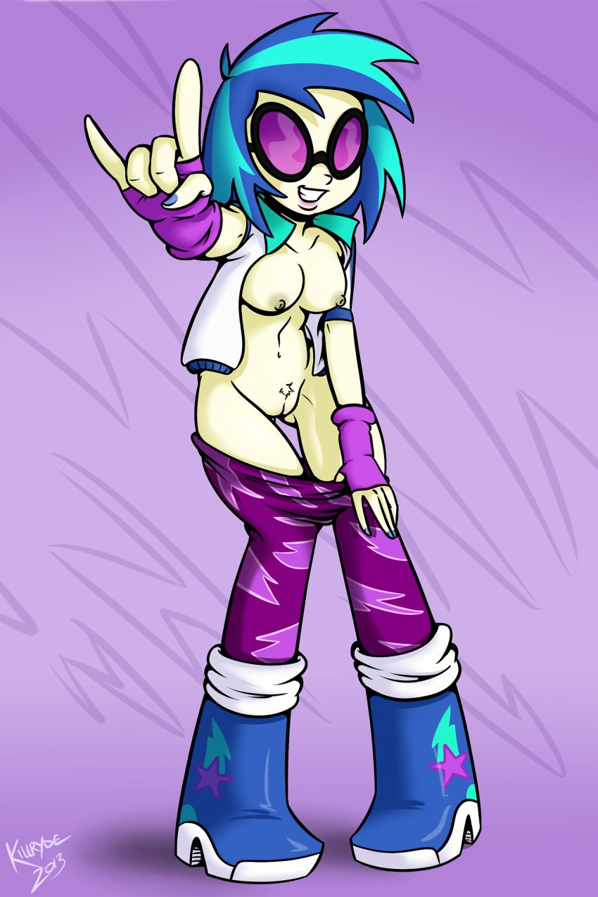 blue_hair breasts clothing equestria_girls eyewear friendship_is_magic glasses gloves hair human killryde my_little_pony nipples pants pants_down pussy smile undressing vinyl_scratch_(mlp)