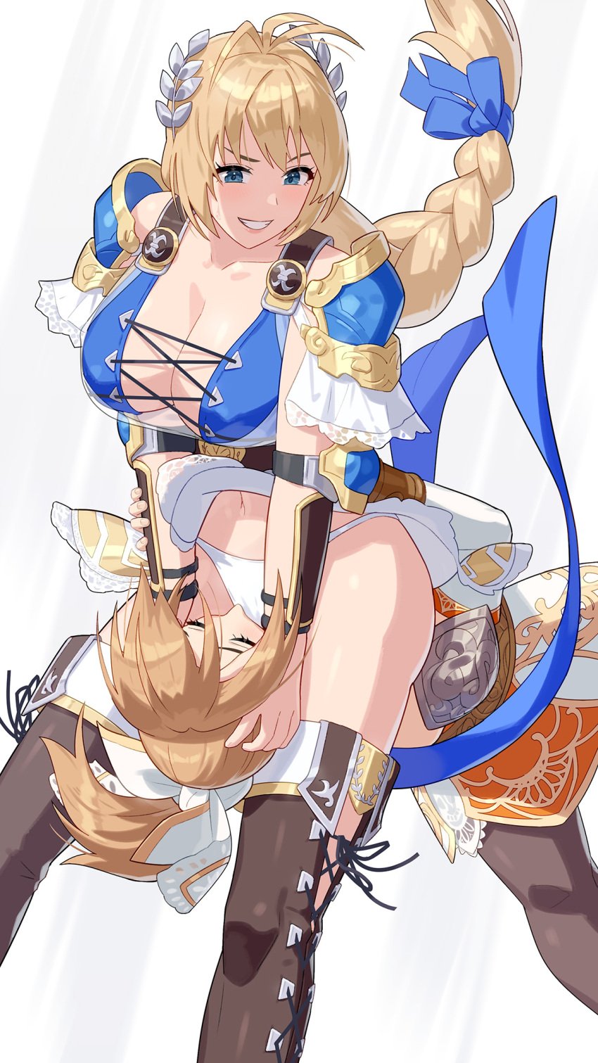 2girls bandai_namco big_breasts blonde_hair blue_eyes braid breasts cassandra_alexandra cleavage closed_eyes face_in_crotch female female_only femdom fight greek_female grin head_between_thighs head_grab headscissor hi_res incest long_hair multiple_girls navel panties ponytail request siblings sisters skirt smile sophitia_alexandra soul_calibur soul_calibur_vi teeth thigh_boots thighs tights very_long_hair white_panties yagi2105 yuri