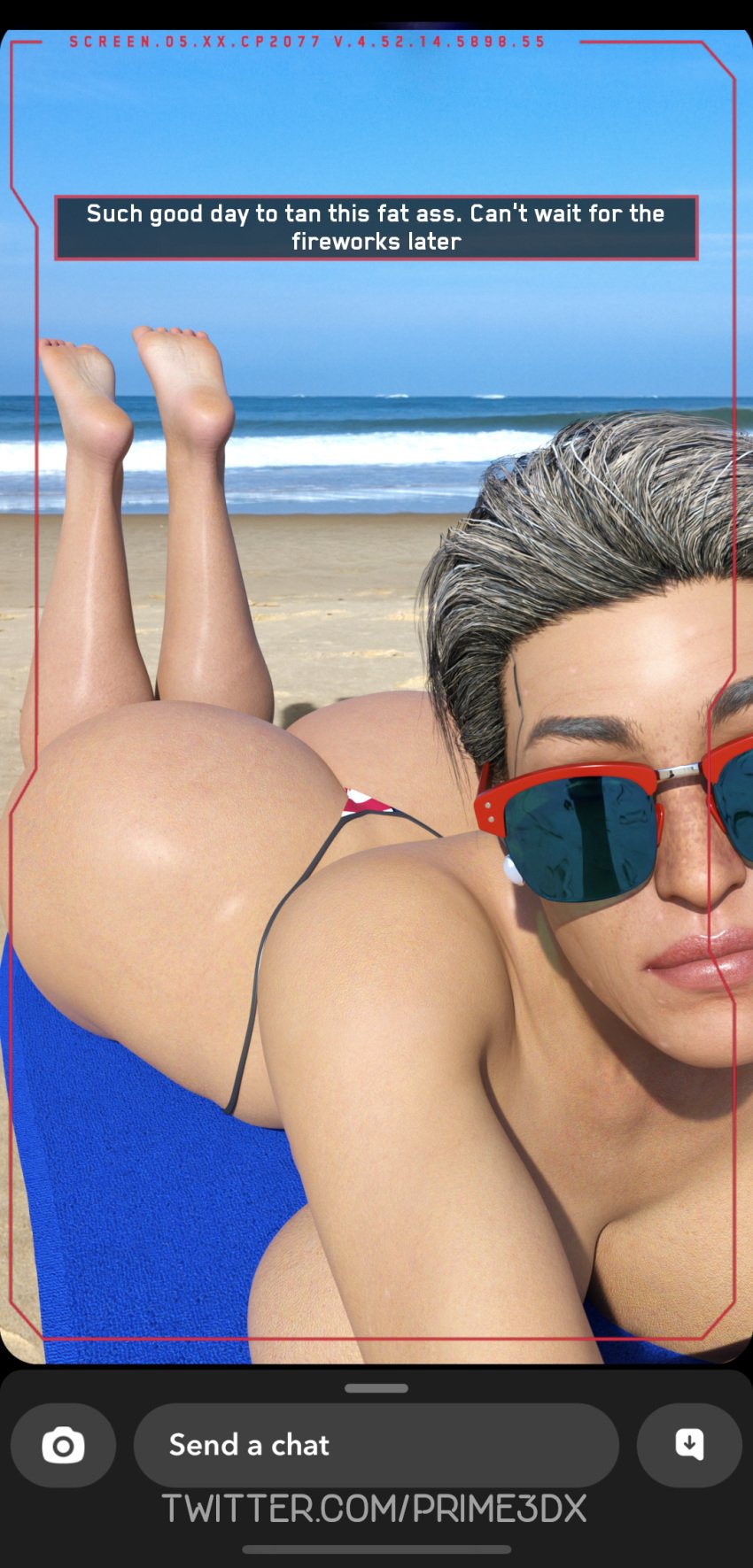 3d beach beach_towel big_ass big_breasts big_hips bikini cleavage cyberpunk_2077 eye_contact feet_up female laying_down laying_on_stomach mature_female milf prime3dx public rosalind_myers selfie smile snapchat soles sunglasses thick thick_ass thick_thighs thong topless