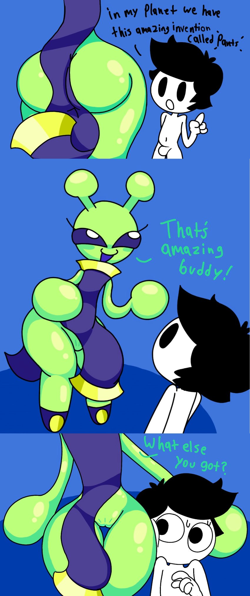 1boy 1boy1girl 1girls alien alien_girl ass big_ass black_hair chinese_clothes comic dialogue edited eyelashes fat_ass female hips humanoid lunabella_(mschaox6) male mark_m mob_face nervous nervous_male nervous_sweat oc original original_character pussy pussy_peek self_insert shiny_skin sweat sweating text thick_thighs thighs wide_hips wide_thighs