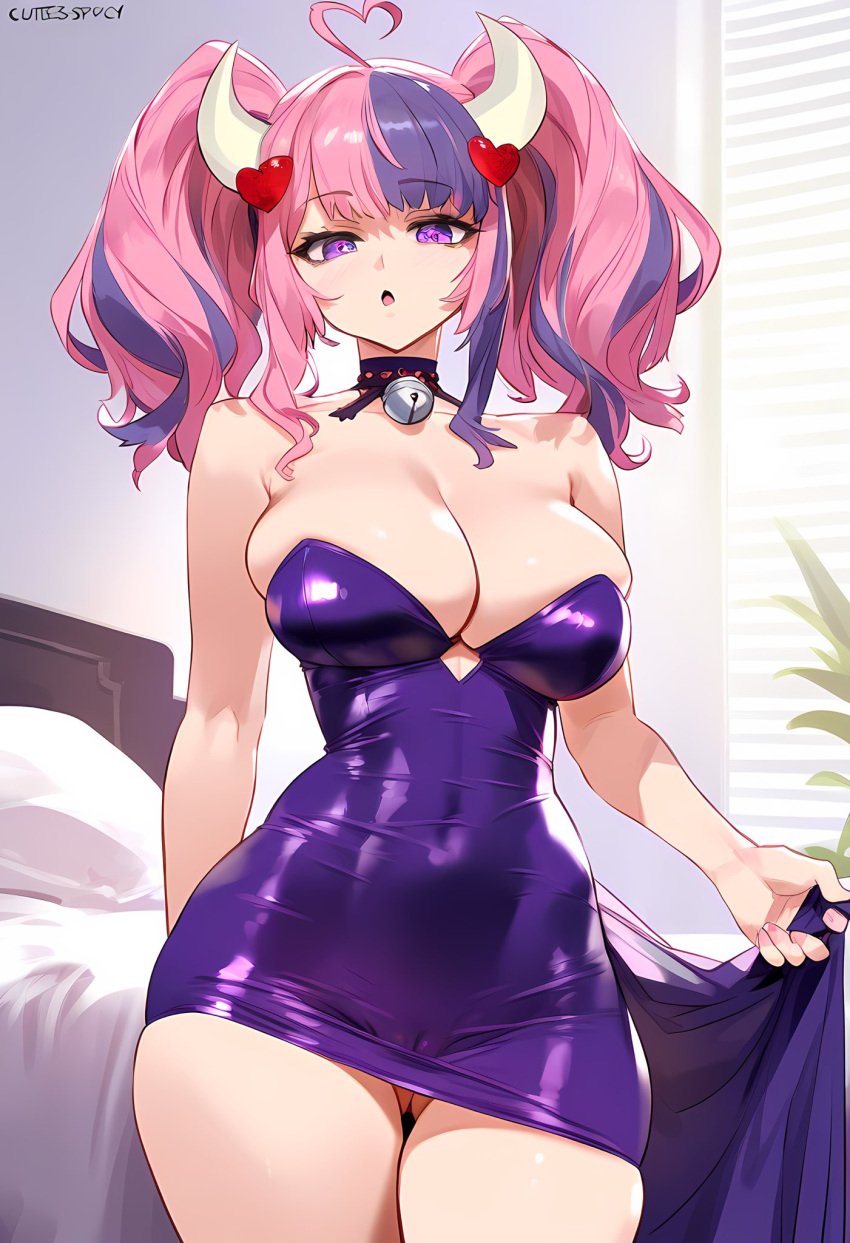 ai_generated bed bedroom bell_choker big_breasts demon demon_girl demon_horns dress dress_lift geosan hair hair_ornament ironmouse light-skinned_female long_hair looking_at_viewer open_mouth pink_hair purple_dress purple_eyes purple_hair showing_pussy solo solo_female thick_thighs twintails two_tone_hair virtual_youtuber vshojo vtuber