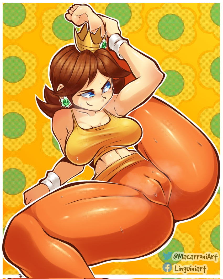 1girls blue_eyes brown_hair crown earrings female fit fit_female flexible foot_behind_head gym_clothes leg_behind_head leg_up macarroni mario_(series) princess_daisy pussy_visible_through_clothes soles solo sportswear sweat sweating wristband yoga_pants