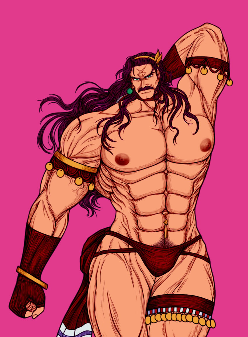 athena_asamiya athena_asamiya_(cosplay) big_breasts big_nipples fatal_fury king_of_fighters lasupay3 long_hair long_hair_male male_focus male_only moustache muscle muscular no_sex pectorals pubic_hair vascular wolfgang_krauser