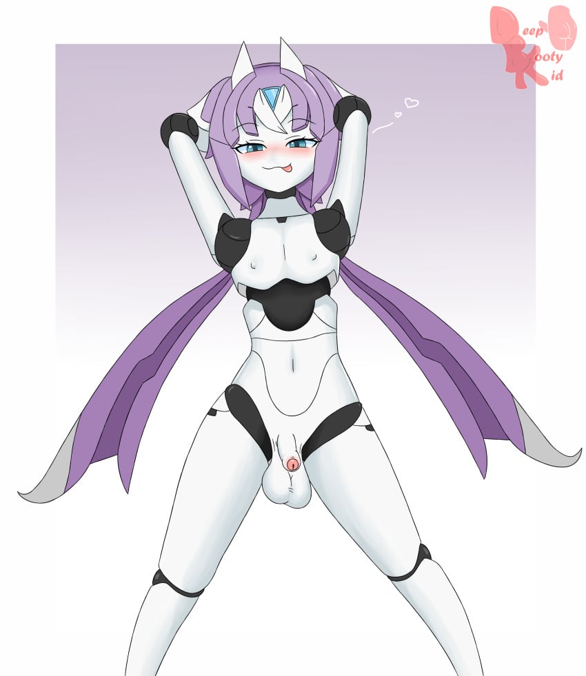 balls big_balls blush deepbootykid femboy flaccid_penis floating_hearts foreskin gay hands_behind_head male penis robot robot_boy robot_femboy shamrock_(polynian) smiling_at_viewer tongue_out twintails