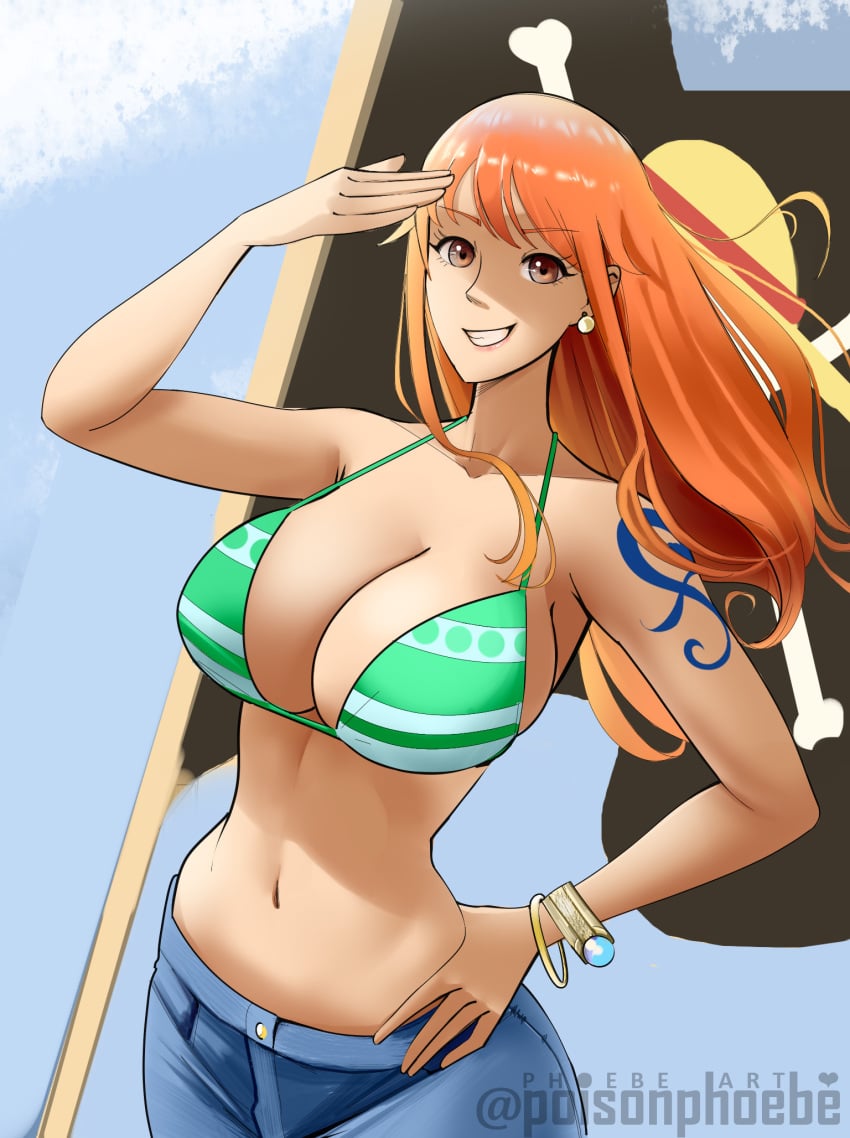 1girls arm_up armpits artist_name big_breasts bikini bikini_top_only breasts busty cleavage curvy denim female female_only flag hand_on_own_hip highres jeans jolly_roger large_breasts legs long_hair looking_at_viewer midriff nami navel one_piece orange_hair pants poisonphoebe pose posing post-timeskip salute sensual smile solo thighs voluptuous