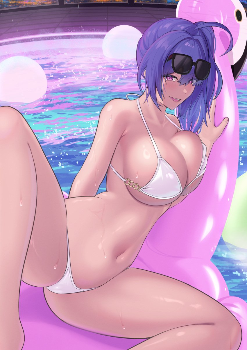 absurdres ahoge azur_lane bikini blue_hair blush breasts cameltoe cleavage collarbone eyewear_on_head female highres inflatable_flamingo large_breasts long_hair looking_at_viewer meron_(mblalula) navel official_alternate_costume open_mouth pool side_ponytail smile solo spread_legs st._louis_(an_afternoon_on_the_lido_deck)_(azur_lane) st._louis_(azur_lane) sunglasses swimsuit thighs wet white_bikini