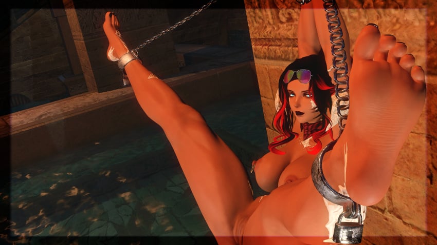 3d au_ra barbell_piercing barefoot big_breasts bondage breasts chained_ankles chained_to_wall chained_wrists chains chroma chroma_kelv female final_fantasy_xiv foot_focus full_body gpose_(ffxiv) looking_at_another looking_at_viewer nipples nude nude_female piercing pussy restaurant sole_female solo solo_female uncensored