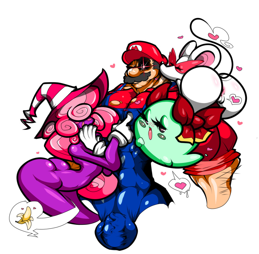 <3 2boys 2girls androgynous ass banana bisexual blush blush_stickers boo_(mario) bow bulge cap curly_hair darthsaburou female ghost ghost_tail heart heart-shaped_pupils highres lady_bow looking_back mario mario_(series) moustache ms._mowz multiple_girls muscle nintendo overalls paper_mario pink_hair pussy rule_63 simple_background spoken_heart vivian_(paper_mario) white_background white_gloves witch_hat