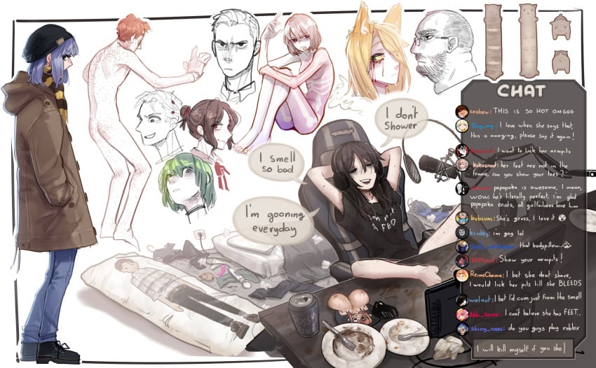 4boys 6+girls :d absurdres bed black_hair black_shirt blonde_hair body_freckles breast_mousepad brown_hair brown_jacket can cat_baguette_(popopoka) chat_log completely_nude dakimakura_(object) english_text fat fat_male female fork freckles from_side frown green_hair highres jacket long_hair male microphone multiple_boys multiple_girls nude original pants pillow plate popopoka sex_toy shirt shoes short_hair short_sleeves sitting smile speech_bubble teeth upper_teeth_only
