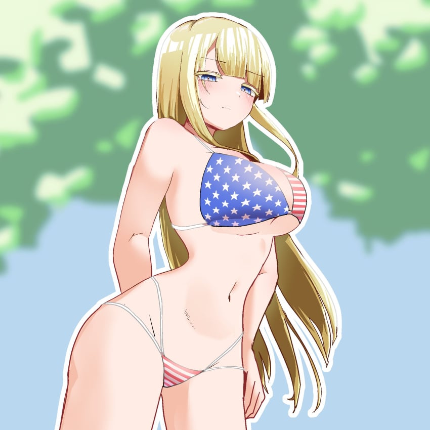 1girls american_flag_bikini big_breasts bikini blush breasts d4dj female light_green_leaf long_hair neo_(d4dj) outdoors swimsuit thick_hips