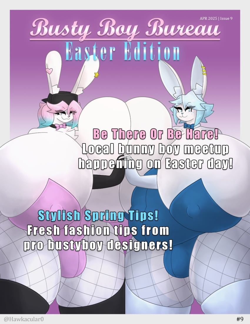 :3 backwards_baseball_cap big_breasts blue_hair bowtie breasts bulge bunnysuit busty_boy choker cleavage color docking english_text extremely_large_breasts fingerless_elbow_gloves fishnet_stockings fishnets furry gloves hat hawkacular hawkacular0 huge_breasts hyper_breasts lagomorph magazine_cover no_nudity no_visible_genitalia peanut_butter_(theycallhimcake) pink_hair tagme text thick_thighs thighhighs tristan_(bluebunboi) two_tone_hair white_body white_fur wide_hips