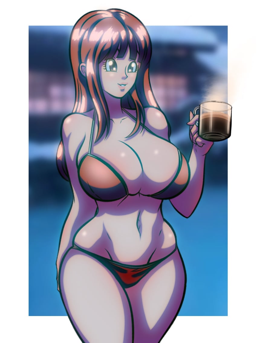 bedaxe bikini breasts cleavage coffee dragon_ball dragon_ball_z hot_spring large_breasts red_hair steam suno_(dragonball) tagme wide_hips