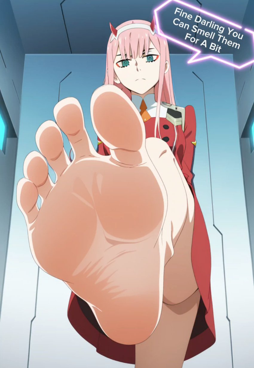 ai_generated anime feet foot_fetish foot_focus foot_smelling pink_hair stepped_on submissive zero_two_(darling_in_the_franxx)