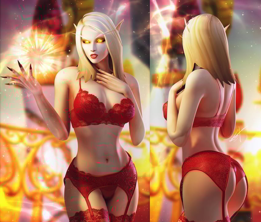 1girls 3d blizzard_entertainment blonde_hair blood_elf bra cowboy_shot elf_ears female female_only front_and_back garter_belt garter_straps high_elf highres lace lace_trim lingerie lipstick long_ears long_fingernails long_nails looking_at_viewer medium_breasts medium_hair panties parted_lips pointy_ears red_lipstick red_nails signature slim standing thighhighs thismelancholic warcraft world_of_warcraft yellow_eyes