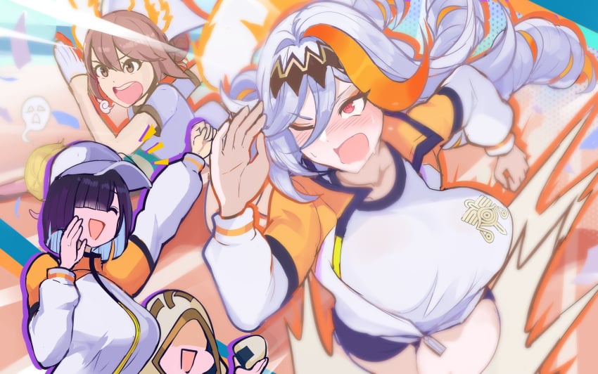4girls animal_ears baldr_(fire_emblem_heroes) big_breasts black_hair blonde_hair bouncing_breasts breasts brown_hair character_request exhausted female female_focus fire fire_emblem fire_emblem_heroes fjorm_(fire_emblem) glowing_tail hair_over_one_eye hat heterochromia highres hodr_(fire_emblem) jacket kiran_(fire_emblem) large_breasts long_hair medium_breasts multicolored_hair multiple_girls nintendo racing ratatoskr_(fire_emblem) revolverwingstudios running siblings sisters sportswear squirrel_ears squirrel_girl squirrel_tail tail track_jacket track_suit tripping white_hair yellow_eyes