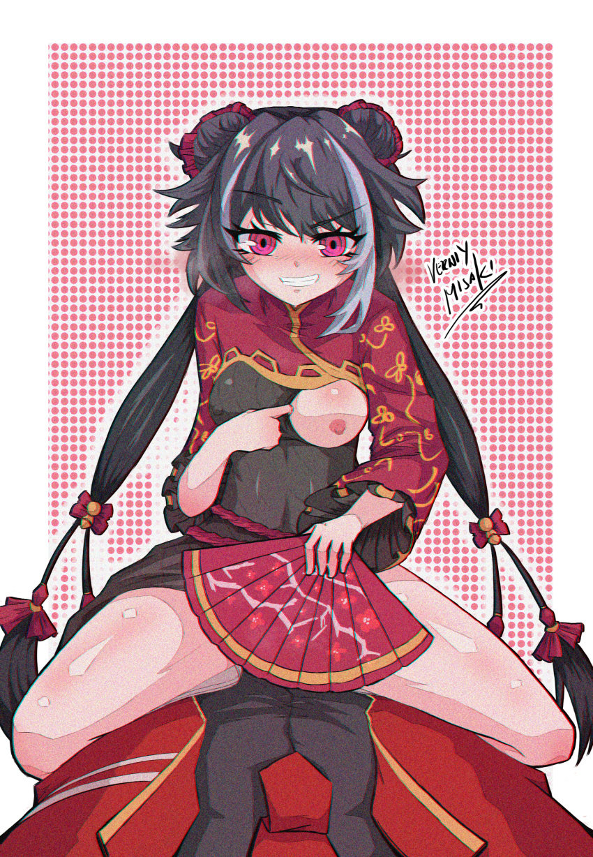 1boy 1girls bare_thighs black_hair breasts breasts_out chinese_clothes cowgirl_position dante_(limbus_company) fan female hair_bun hand_fan imminent_sex jia_xichun_(limbus_company) limbus_company male project_moon red_eyes tagme verniy_misaki