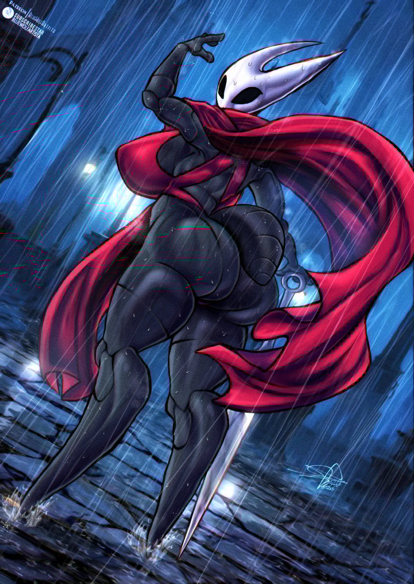 big_breasts big_butt black_body bluewolfartista breasts fanart female hollow_knight hornet_(hollow_knight) huge_ass huge_breasts insects massive_breasts raining sexy thick_thighs thighhighs thighs wet wet_body wet_skin