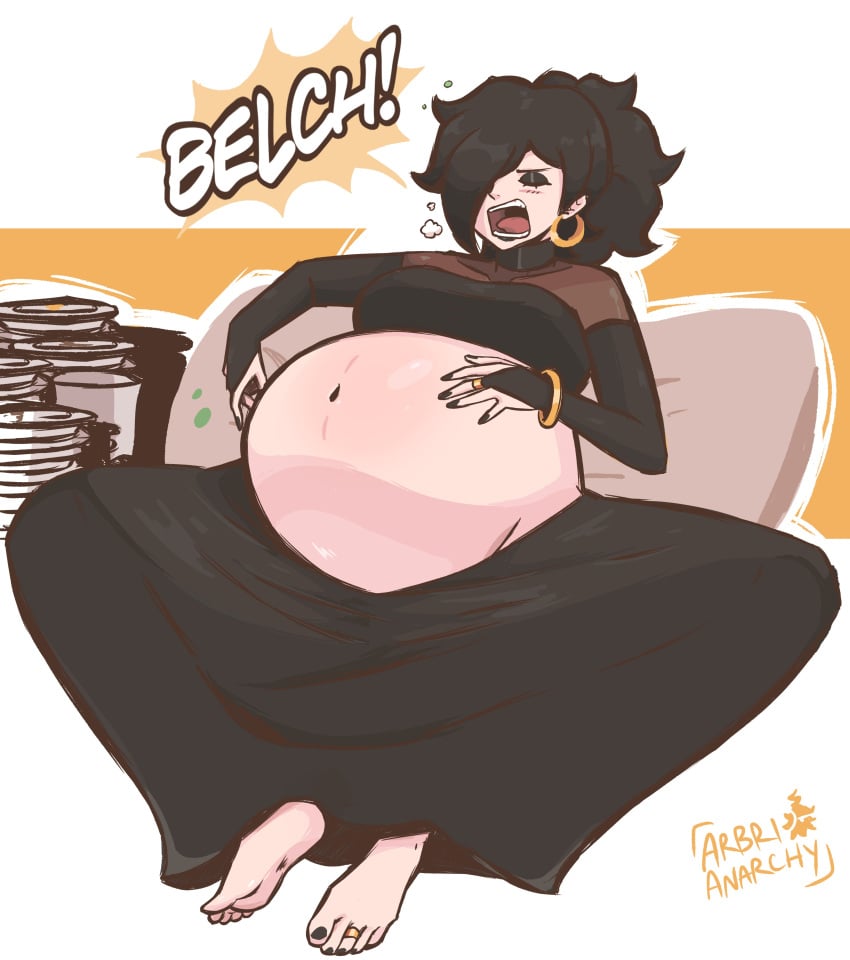 alternative_version arbrianarchy barefoot belch belching big_belly burp burping female female_only hand_on_belly laying_down loud_burp open_mouth slouching stuffed_belly