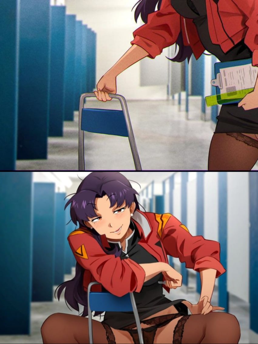 1female 1girls absurdres black_panties black_skirt chair female female_focus female_only garter_belt indoors khyleri long_hair misato_katsuragi neon_genesis_evangelion no_text_version panties presenting purple_hair sitting skirt_lift solo_female stockings tagme thighhighs