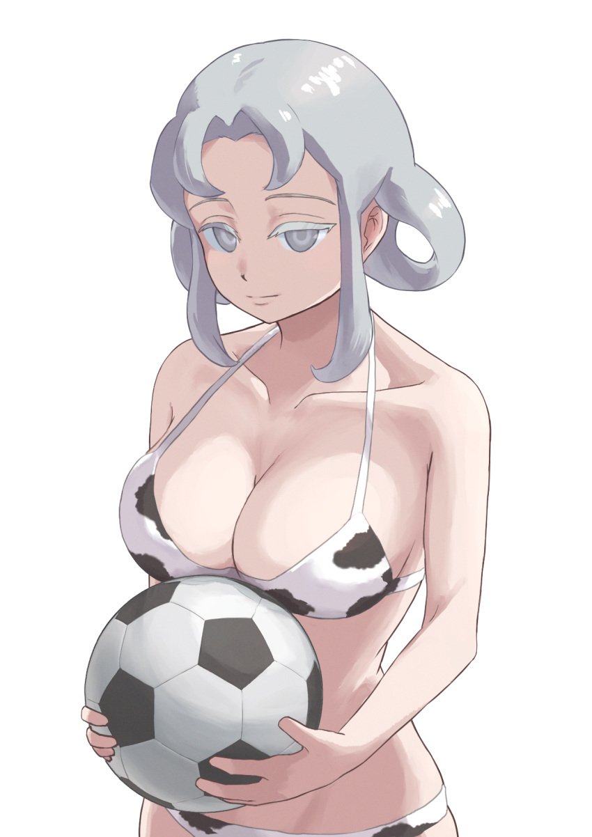 1girls akasode_matsuri_(inazuma_eleven) ball bikini cow_print cow_print_bikini female holding_object inazuma_eleven inazuma_eleven_(series) inazuma_eleven_victory_road jazmine_carmine mami_o_ekaki short_hair solo solo_female white_eyes white_hair