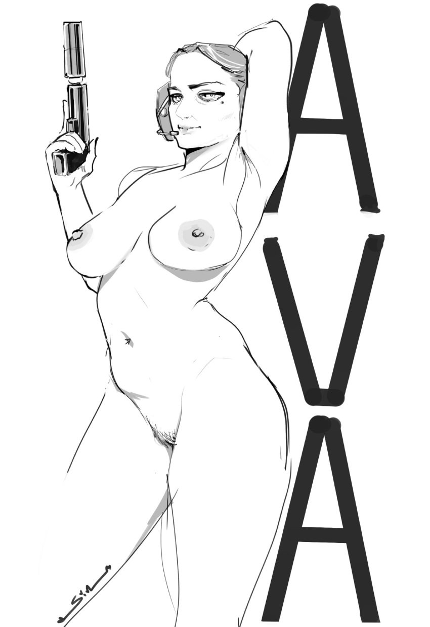 agent_ava counter-strike:_global_offensive counter-strike_(series) female female_only handgun headset human nude older_female pubic_hair sinnamonlatte sketch