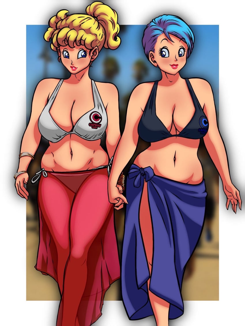 2girls beach bedaxe bikini blonde_hair blue_hair bulma bulma_(dragon_ball) bulma_briefs dragon_ball dragon_ball_z female gilf handholding holding_hands large_breasts midriff milf mother_and_daughter navel panchy panchy_(dragon_ball) panchy_briefs ponytail sarong