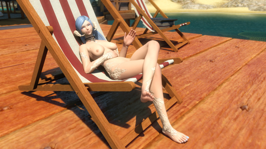 3d au_ra barefoot beach_chair blue_toenails final_fantasy_xiv glacia_steelwind legs_crossed looking_at_viewer nude on_chair painted_nails painted_toenails sitting waving