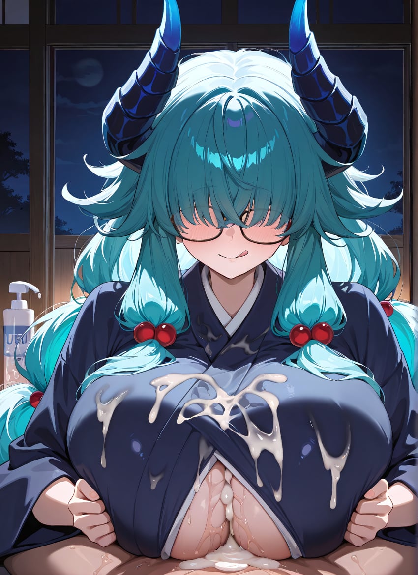 1boy 1girls ai_generated aqua_hair big_breasts breasts breasts_squeezed_together cum cum_on_body cum_on_breasts cum_on_clothes estraea female femdom glasses hair_over_eyes highres horns huge_breasts indoors kimono large_breasts licking_lips long_hair lube male night paizuri paizuri_lead_by_female paizuri_under_clothes solo_focus tongue underboob velthyra