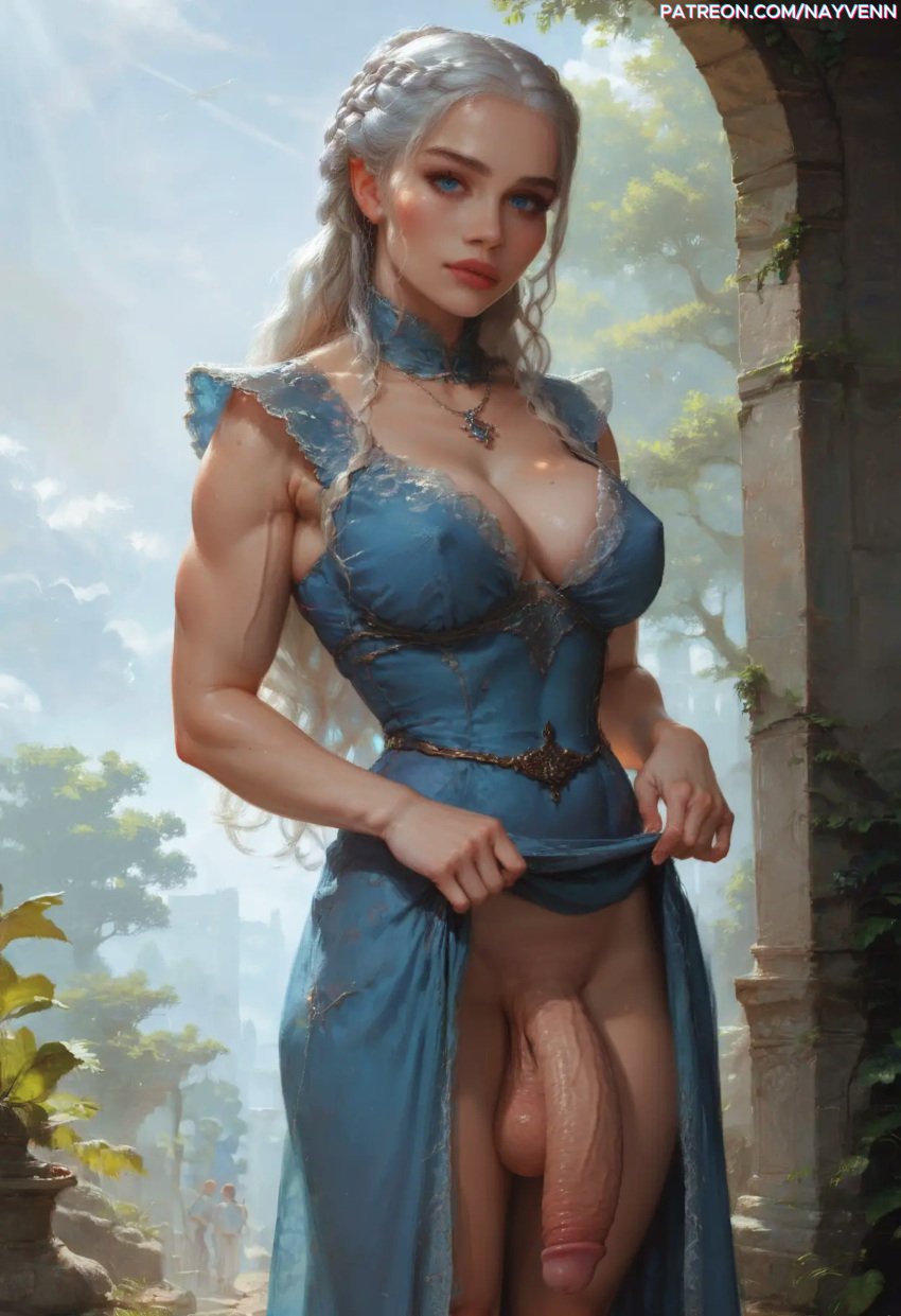 ai_generated big_breasts big_penis blue_eyes blush braid braided_hair braids breasts cleavage daenerys_targaryen dickgirl dickgirl_only dress dress_lift flaccid flaccid_penis futa_focus futa_only futanari game_of_thrones intersex lifting_dress looking_at_viewer nayvenn necklace penis self_upload stable_diffusion sun sunshine white_hair