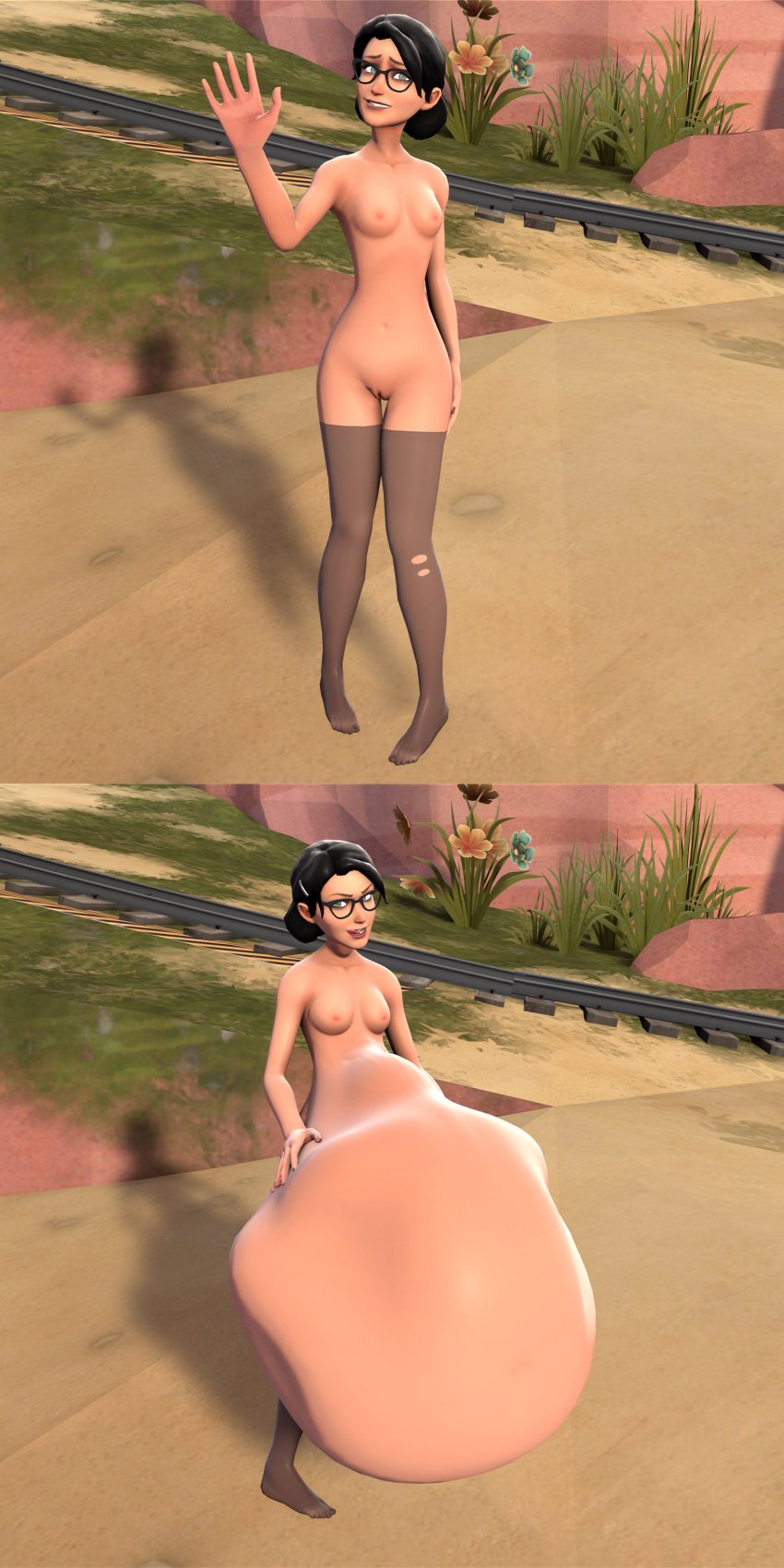 1girls 3d belly belly_bulge big_belly black_hair blue_eyes breasts female female_pred gladiatus6 glasses huge_belly miss_pauling nipples same_size_vore team_fortress_2 valve vore