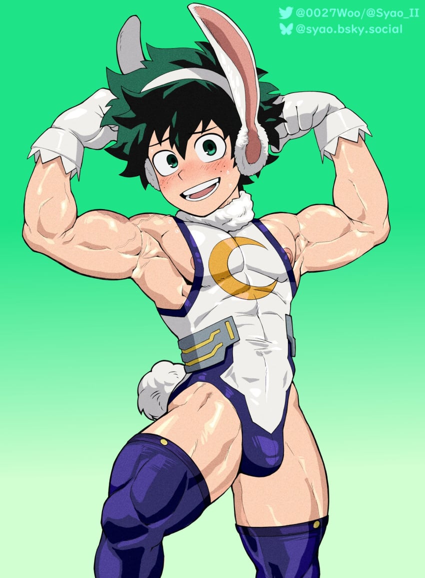 0027woo 1boy abs armpits arms_up beefy biceps big_areola big_eyes bluesky_username blush bodysuit boku_no_hero_academia bulge bulge_through_clothing bunny_ears bunny_tail cresent_moon earmuffs embarrassed exposed_breasts freckles freckles_on_face gay gloves gradient_background green_background green_eyes green_hair hi_res izuku_midoriya laugh looking_at_viewer male male_only mature_male muscles muscular muscular_arms muscular_legs muscular_male muscular_thighs my_hero_academia neckwear open_mouth pecs pose posing quadriceps rumi_usagiyama_(hero_outfit) scar scar_on_arm short_hair six_pack solo standing stockings thick_arms thick_thighs tight_clothing tough_guy triceps twitter_username veiny_arms yaoi young