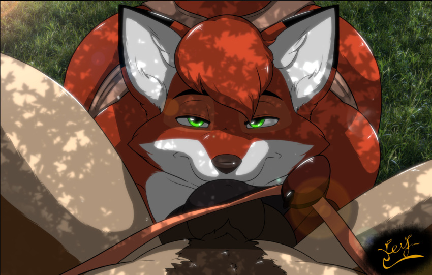anthro artist_name ass big_ass big_butt dick fox fox_ears fox_tail furry green_eyes imminent_sex jayce keycaliber long_tail looking looking_at_viewer outdoors outside penis smile tail taking_clothes_off teasing