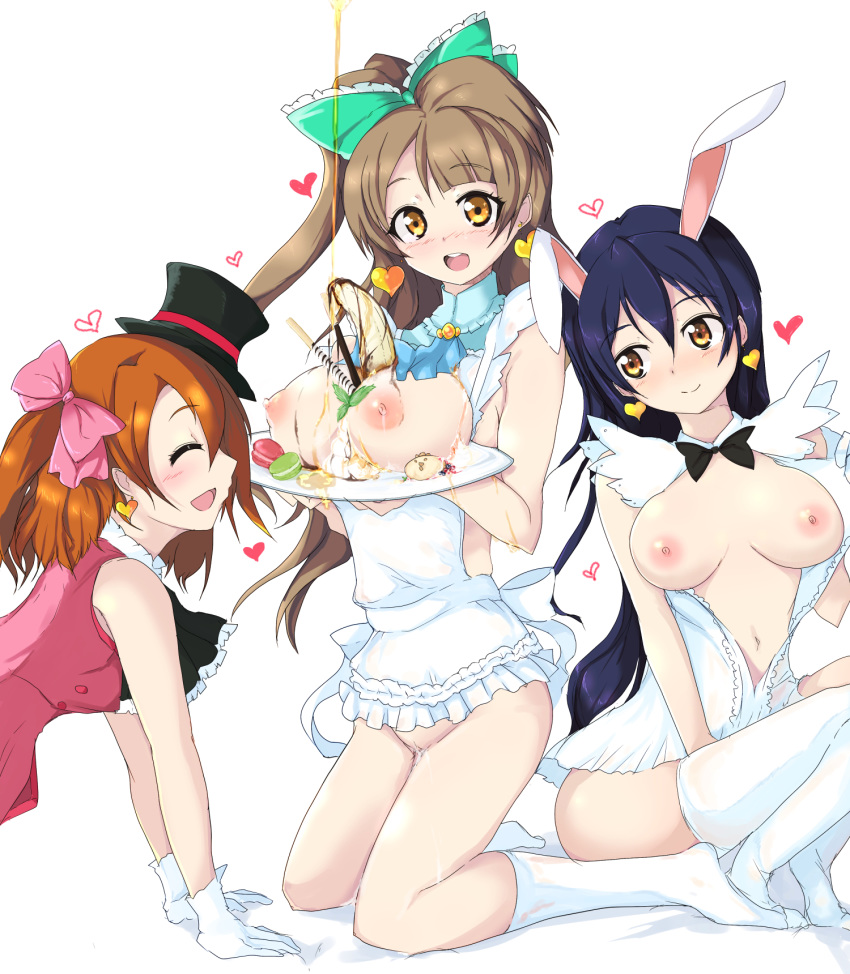 3girls animal_ears banana between_breasts blush breast_rest breasts breasts_on_tray breasts_out bunny_ears carried_breast_rest echizen_(hvcv) food food_between_breasts fruit highres kousaka_honoka love_live! love_live!_school_idol_project minami_kotori multiple_girls nipples pussy pussy_juice smile sonoda_umi tray