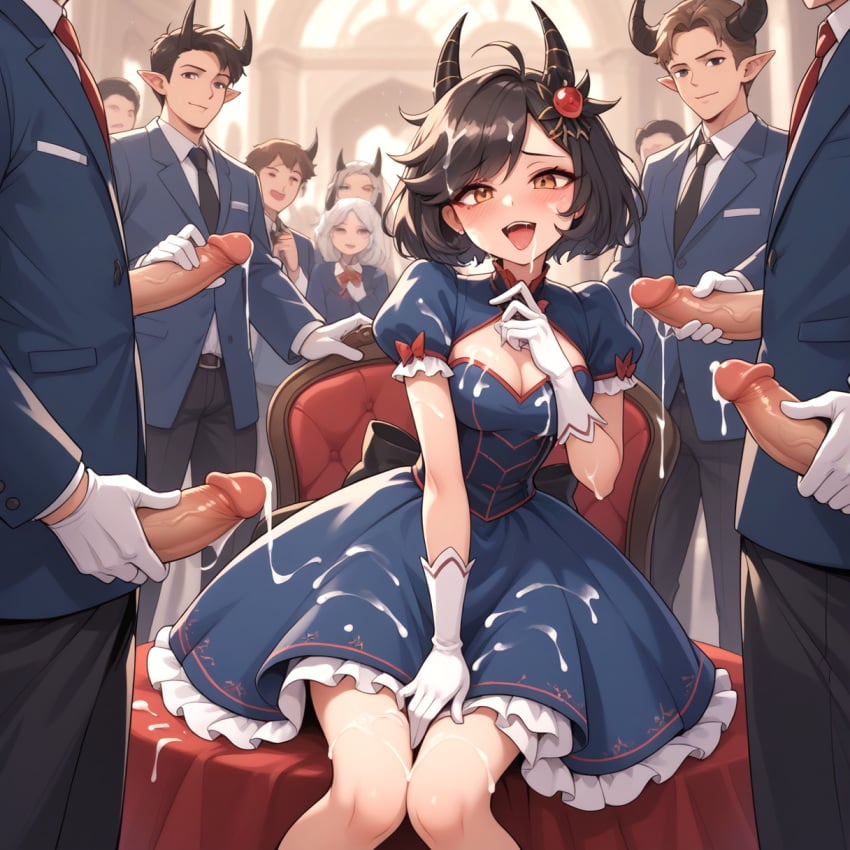 ai ai_generated anime blue_dress blush colored cum cum_dripping demon_girl detailed_background elegant_room erotichris fantasy female female gang_bang gangbang group_sex hentai horns multiple_characters multiple_penises short_black_hair smiling white_gloves